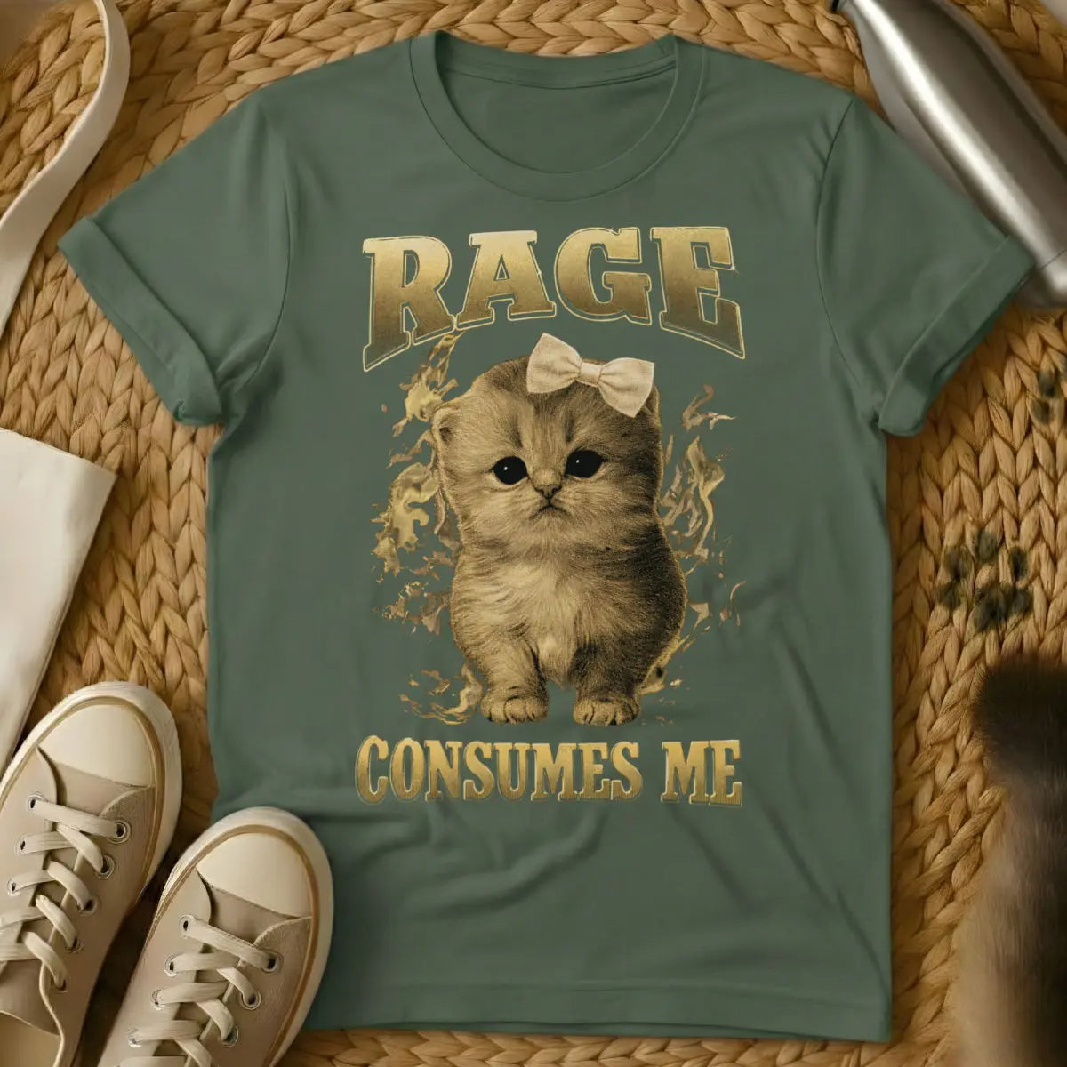 Rage Consumes Me Cat Tee - Military Green Cat T-Shirt