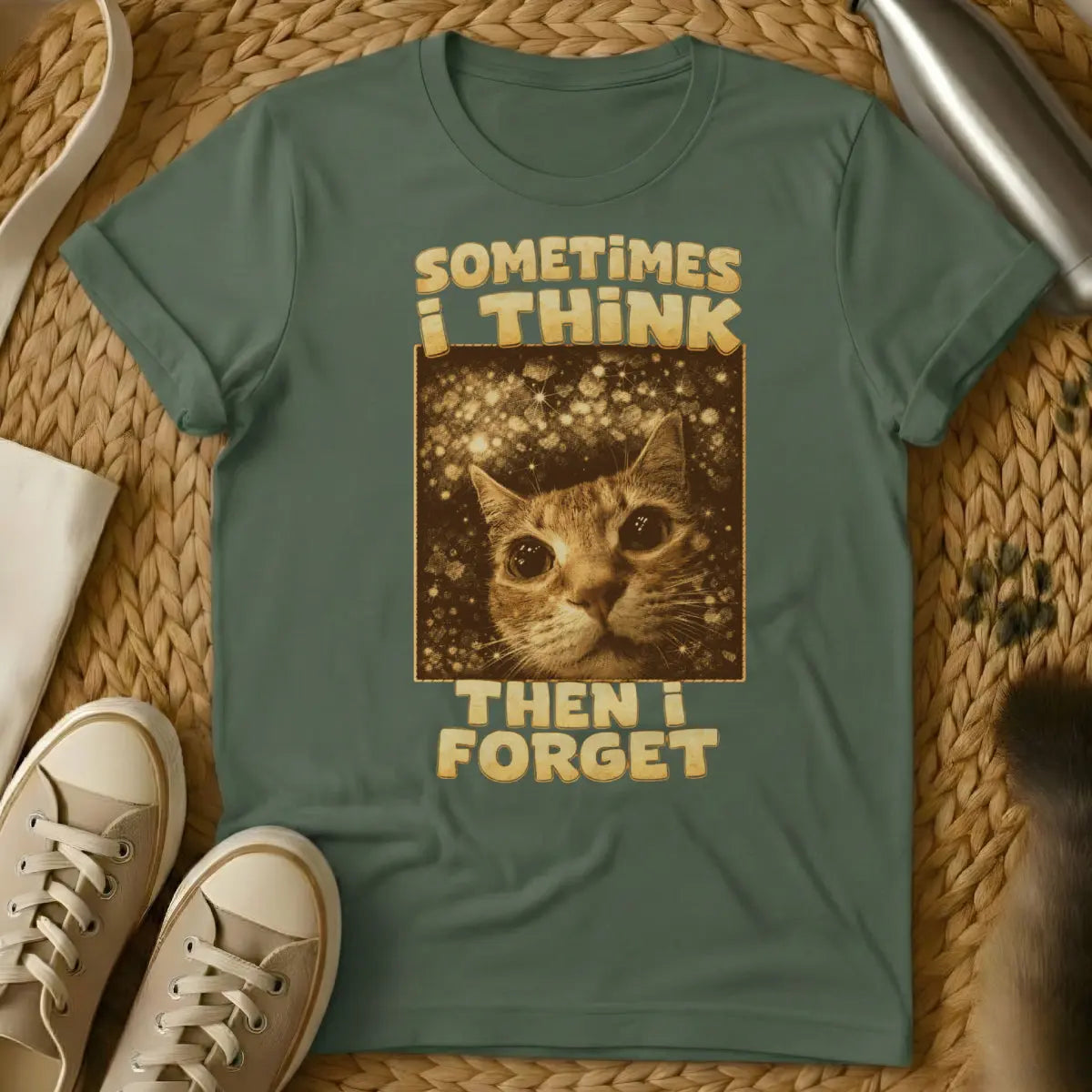 Funny Scatterbrain Feline Tee - Military Green Cat T-Shirt