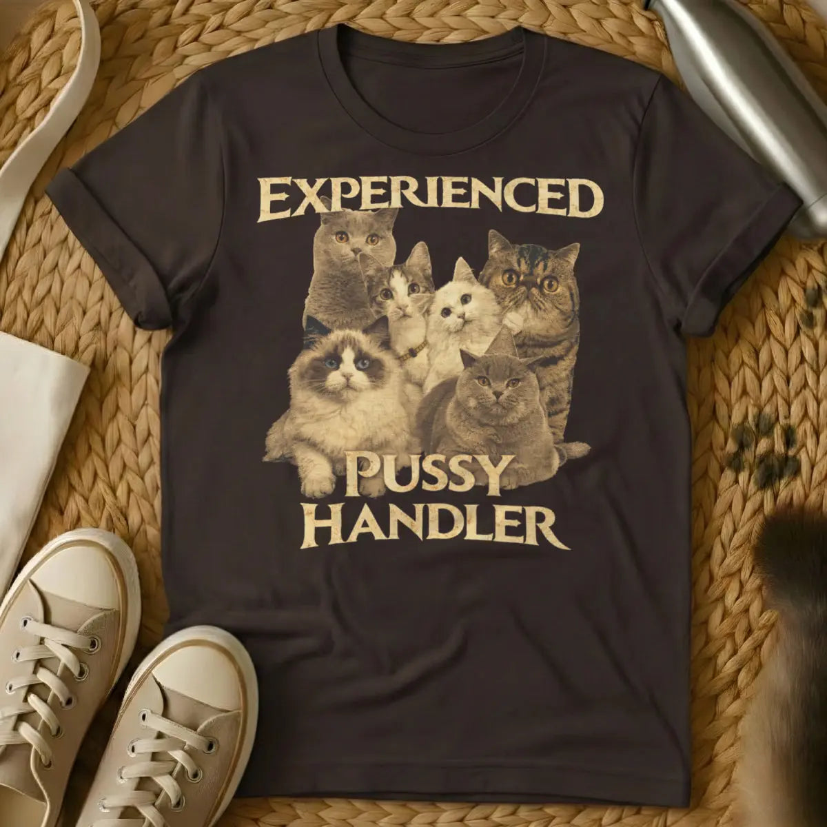 Experienced Pussy Handler Shirt - Dark Chocolate T-Shirt - cat hair don't care, mock certification apparel, risqué cat humor