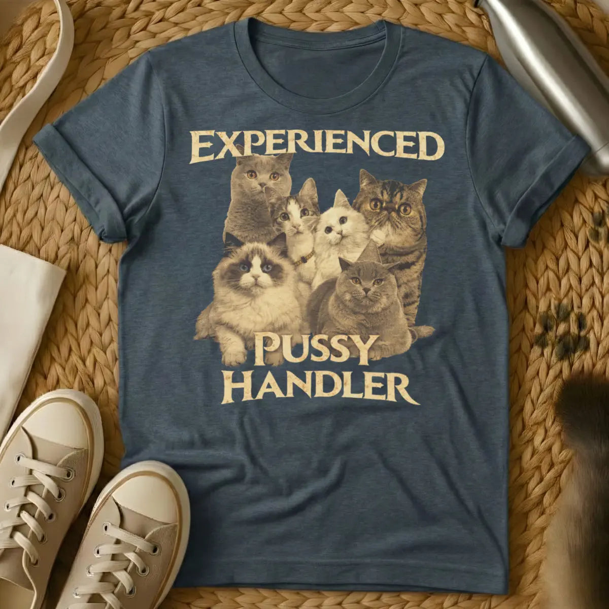 Experienced Pussy Handler Shirt - Dark Heather T-Shirt - cat hair don't care, mock certification apparel, risqué cat humor