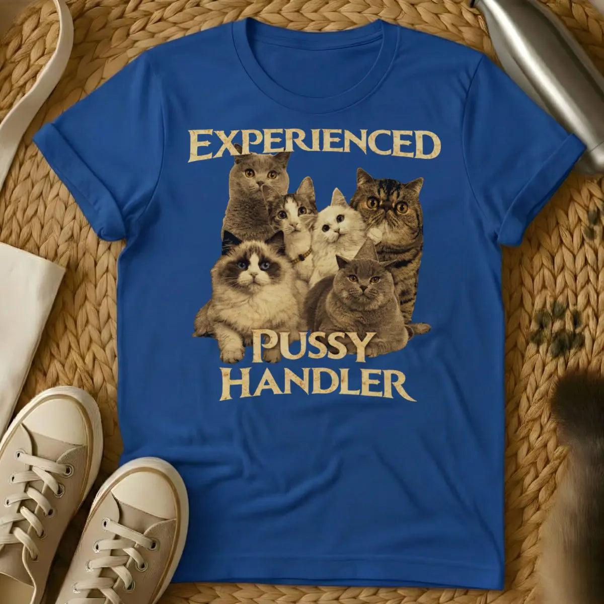 Experienced Pussy Handler Shirt - Blue T-Shirt - cat hair don't care, mock certification apparel, risqué cat humor