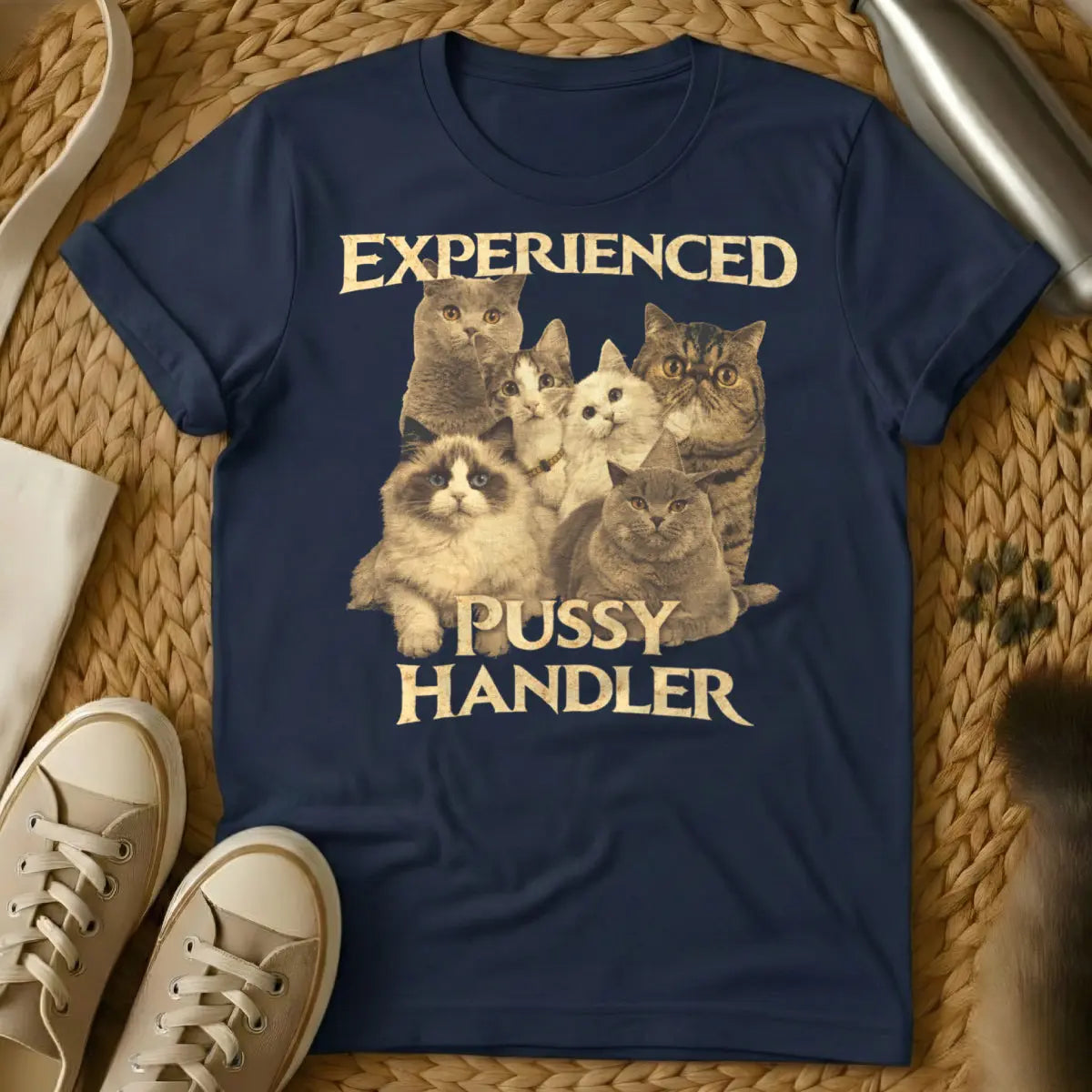 Experienced Pussy Handler Shirt - Navy T-Shirt - cat hair don't care, mock certification apparel, risqué cat humor