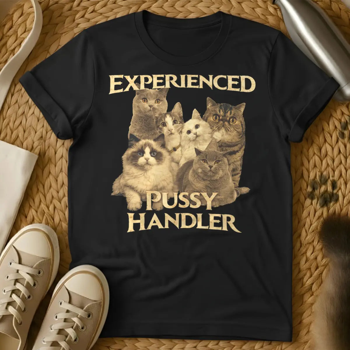 Experienced Pussy Handler Shirt - Black T-Shirt - cat hair don't care, mock certification apparel, risqué cat humor