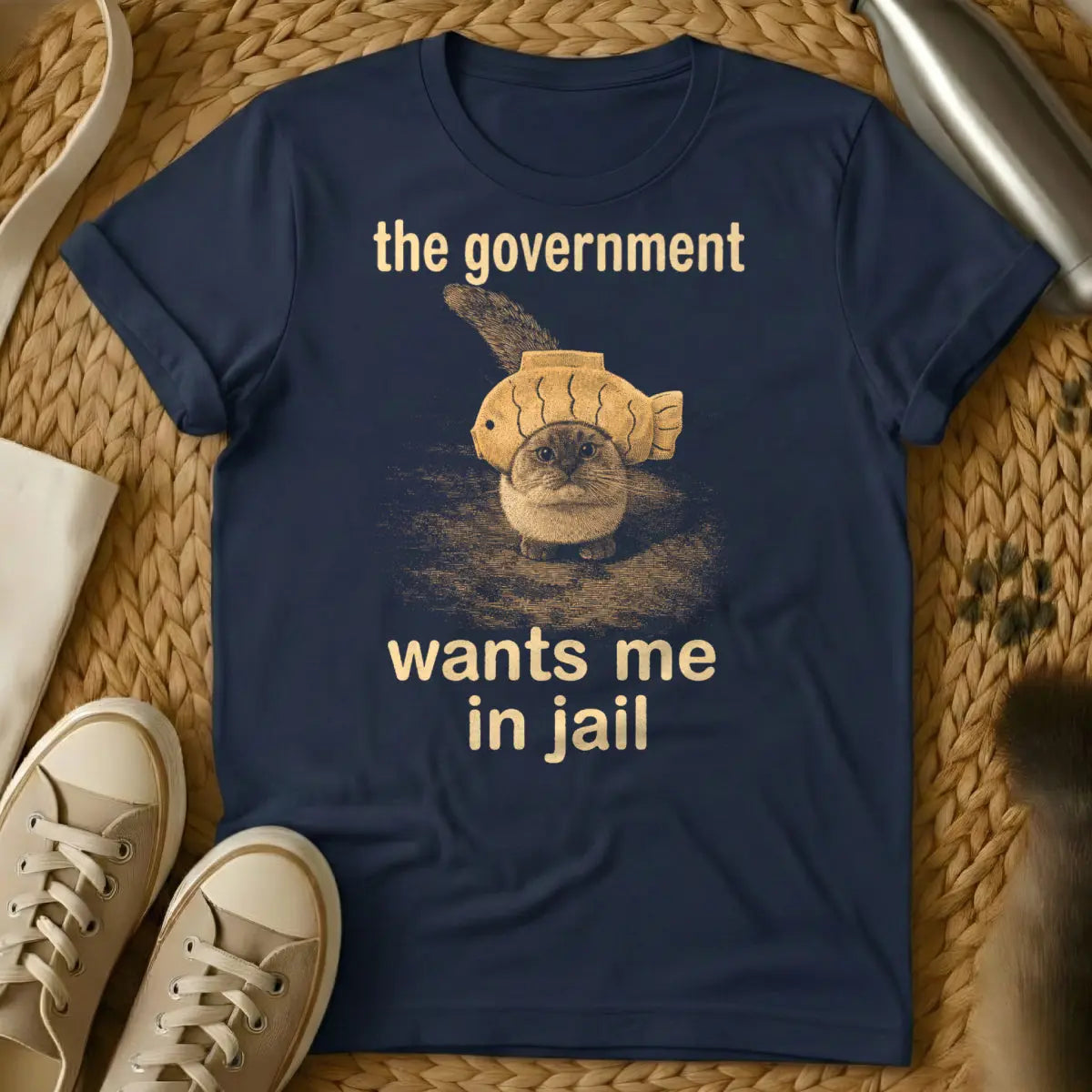 Funny Cat With Fish Hat Tee - Navy T-Shirt - absurdist animal humor, anthropomorphic pet, fish hat fashion
