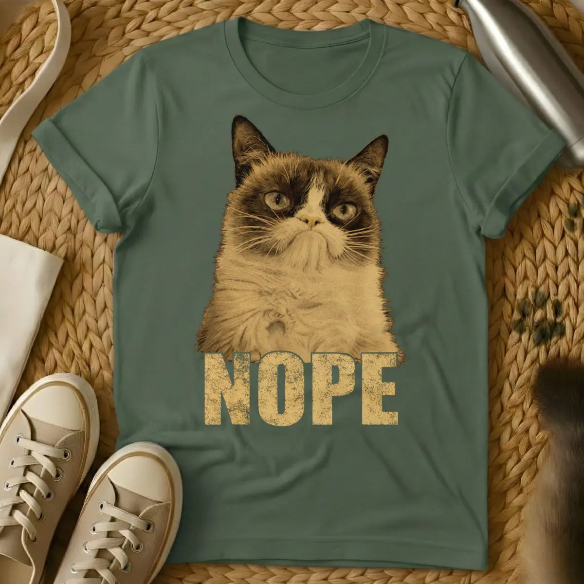 Nope Grumpy Cat Shirt - Military Green Cat T-Shirt