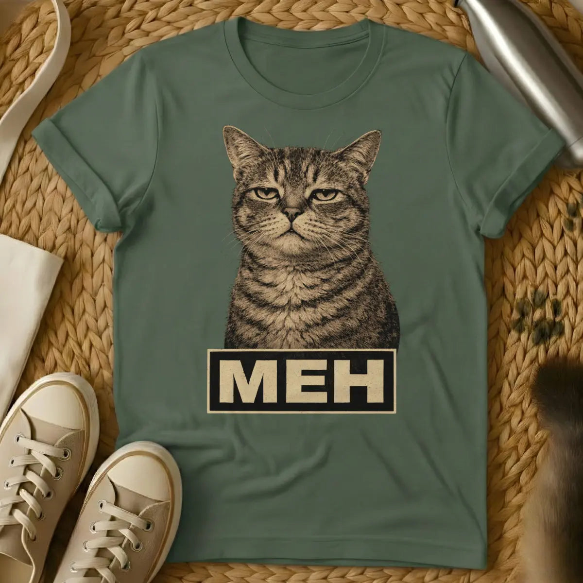 Meh Cat Tee - Military Green Cat T-Shirt