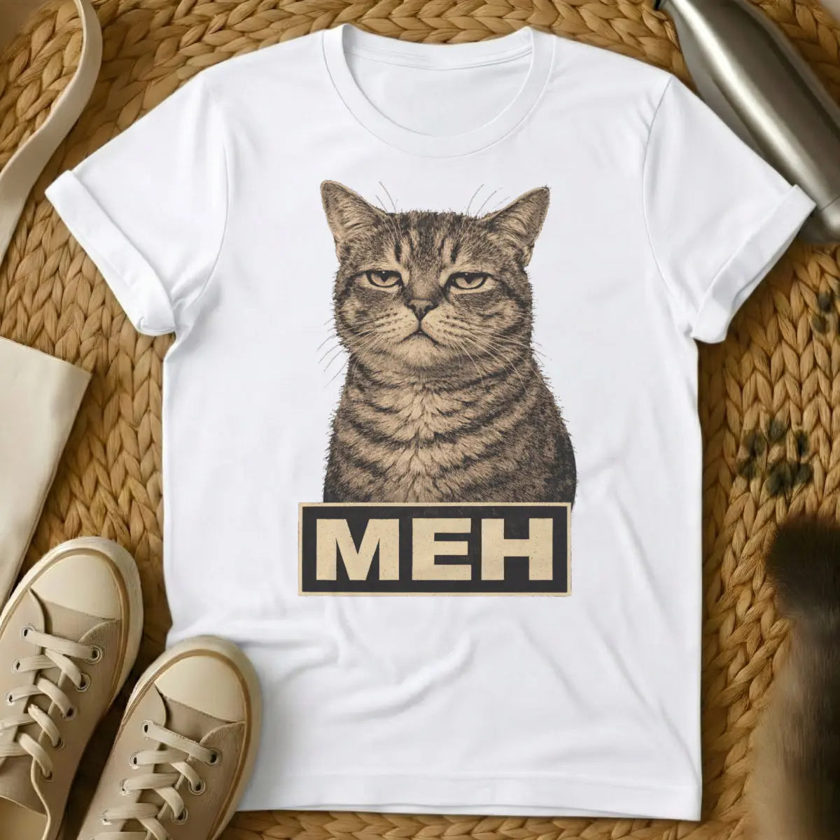 Meh Cat Tee - White Cat T-Shirt