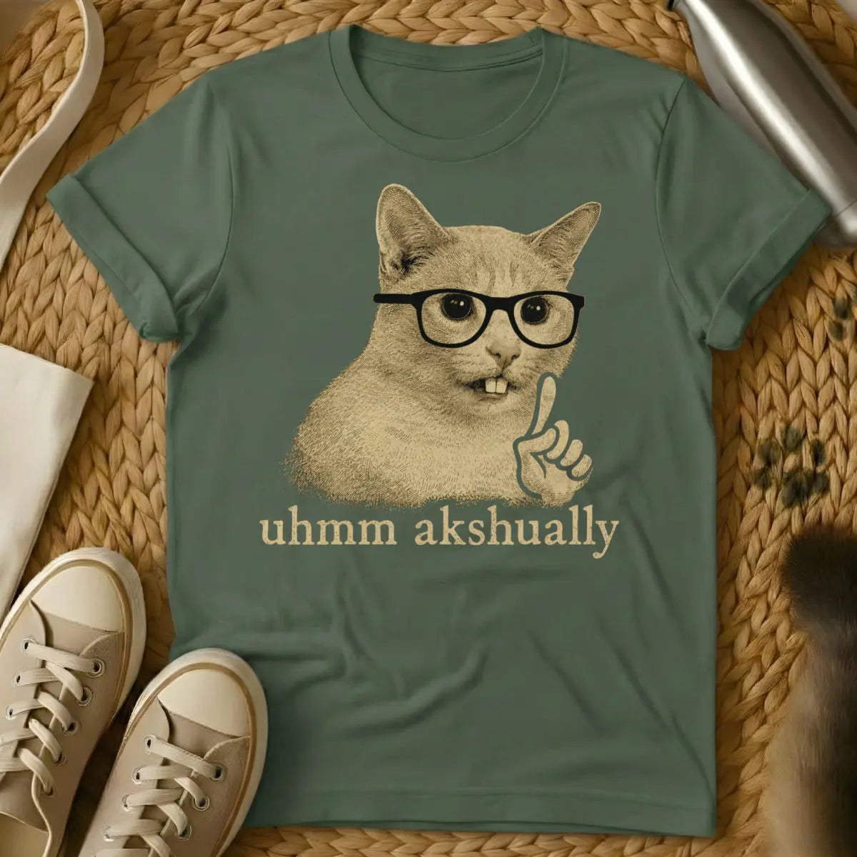 Uhmm Akshually Cat Shirt - Military Green Cat T-Shirt