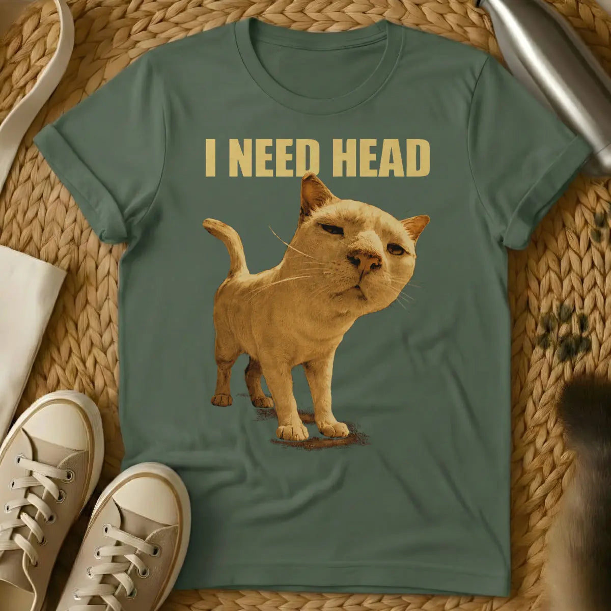 I Need Head Cat Shirt - Military Green Cat T-Shirt