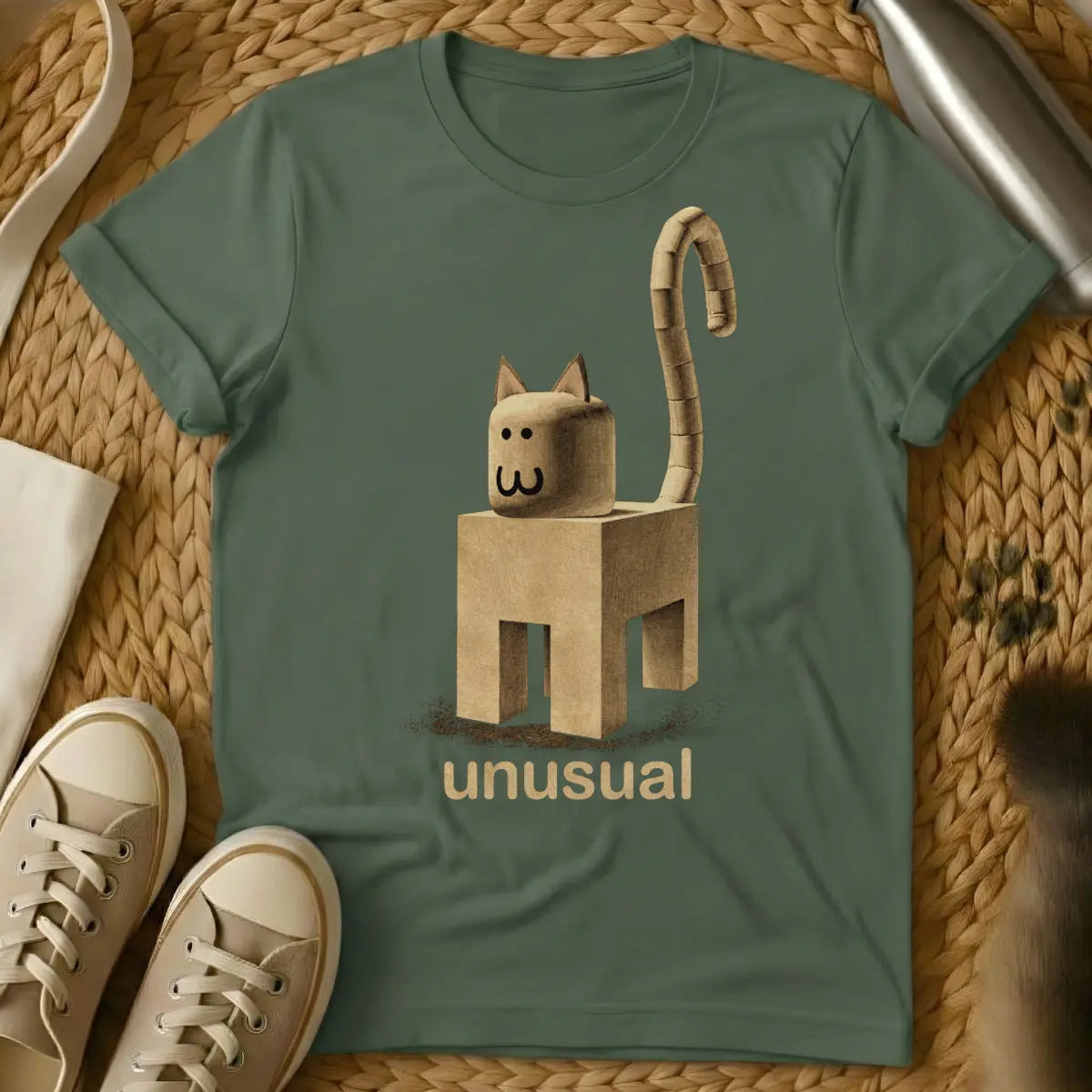 Unusual Block Cat Shirt - Military Green Cat T-Shirt
