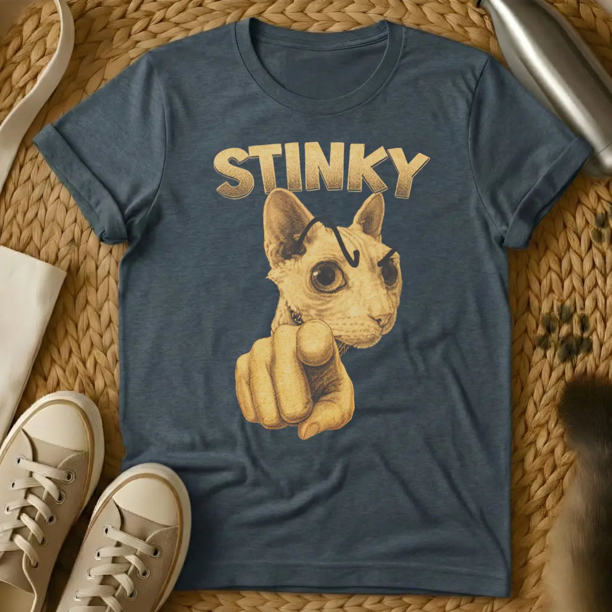 Stinky Cat Pointing Shirt - Dark Heather Cat T-Shirt