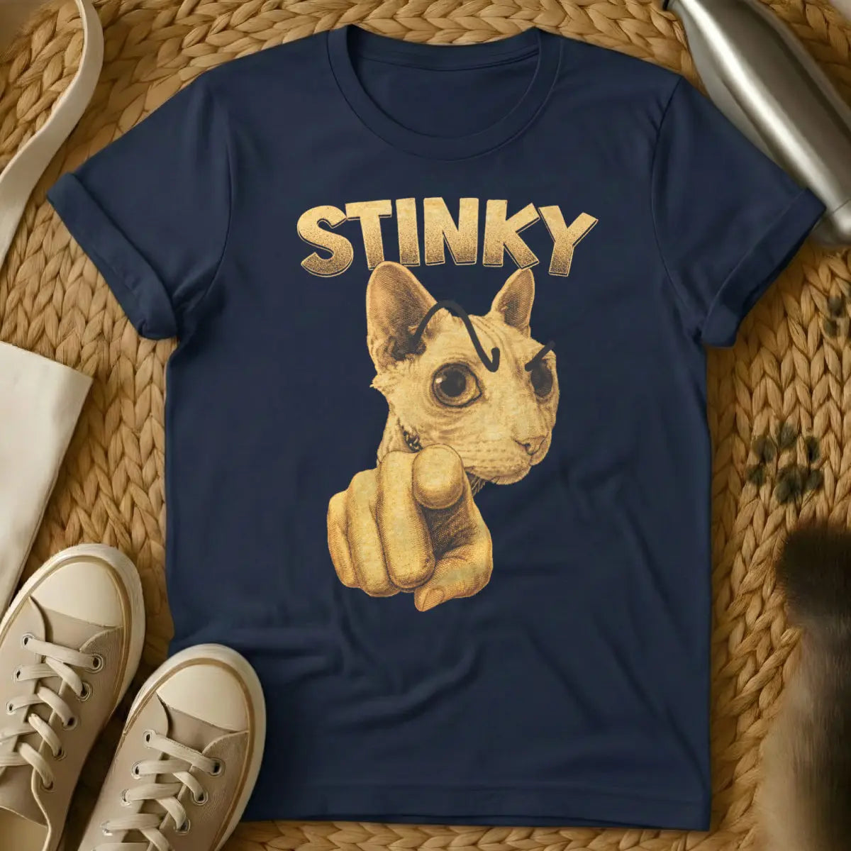 Stinky Cat Pointing Shirt - Navy Cat T-Shirt