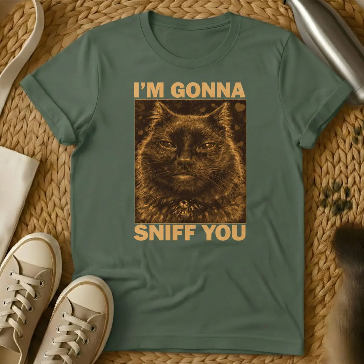 Funny Sniffing Feline Tee - Military Green Cat T-Shirt