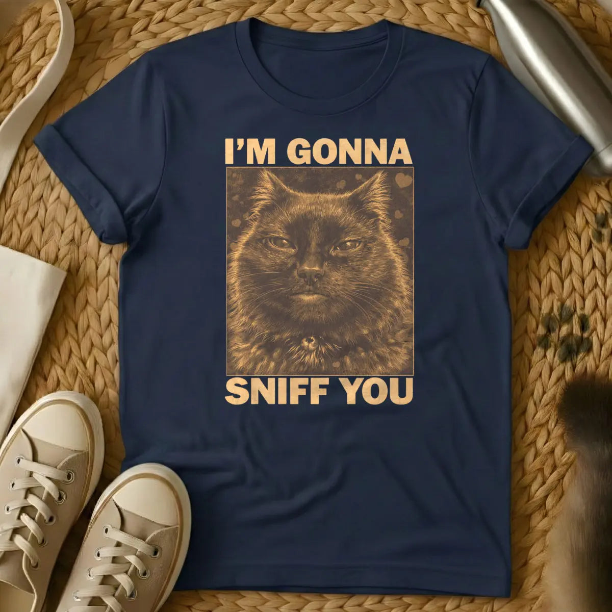 Funny Sniffing Feline Tee - Navy Cat T-Shirt