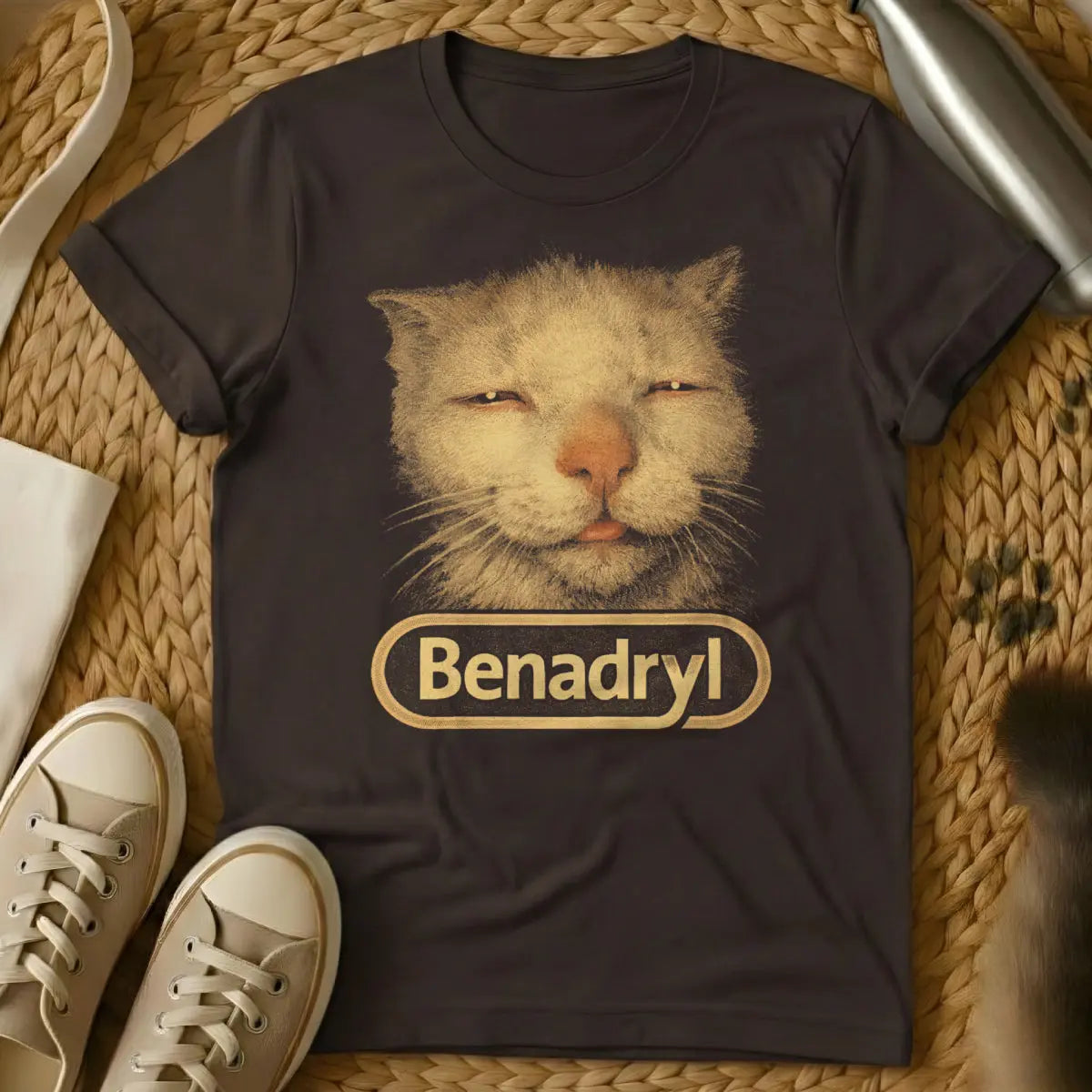 Benadryl Cat Shirt - Dark Chocolate T-Shirt - extreme chill lifestyle, relatable burnout humor, sedated pet art