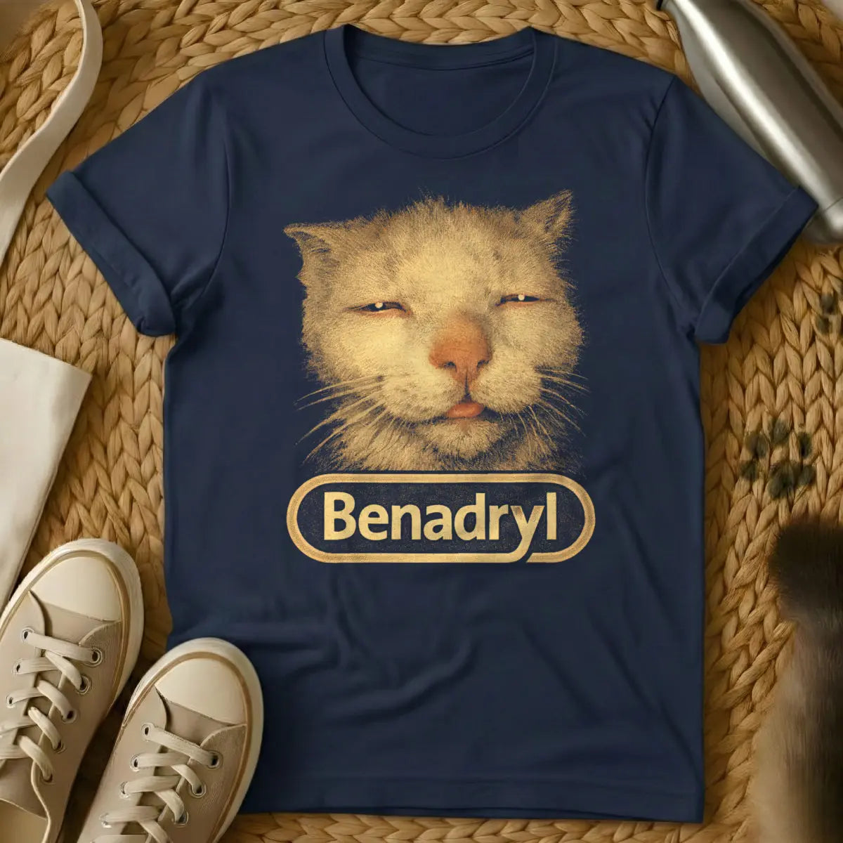 Benadryl Cat Shirt - Navy T-Shirt - extreme chill lifestyle, relatable burnout humor, sedated pet art