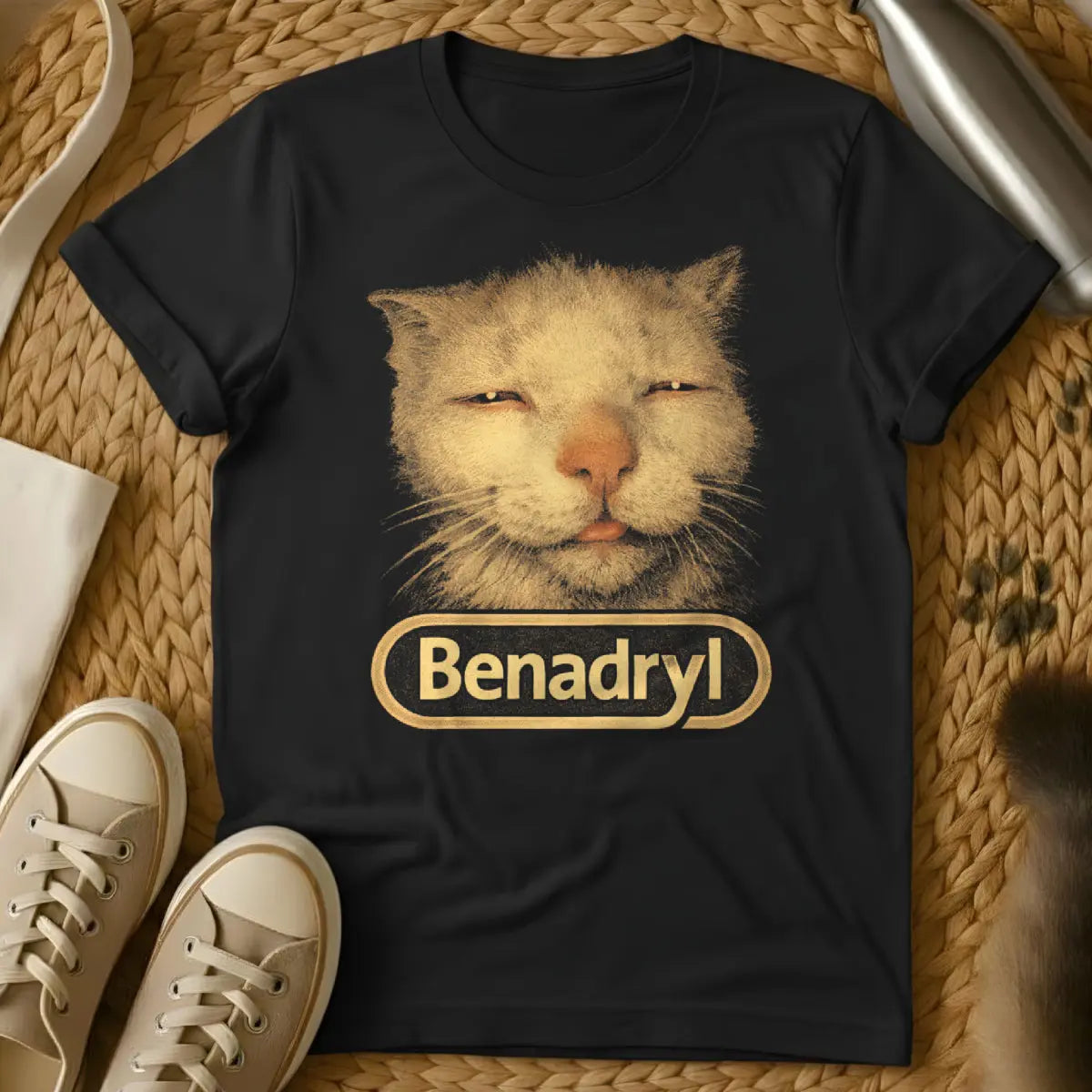Benadryl Cat Shirt - Black T-Shirt - extreme chill lifestyle, relatable burnout humor, sedated pet art
