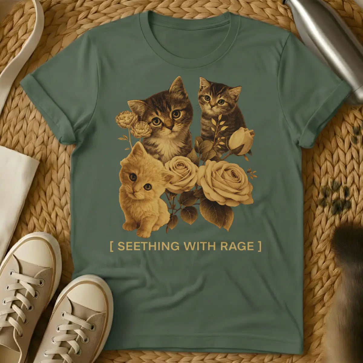 Seething With Rage Cat Shirt - Military Green Cat T-Shirt