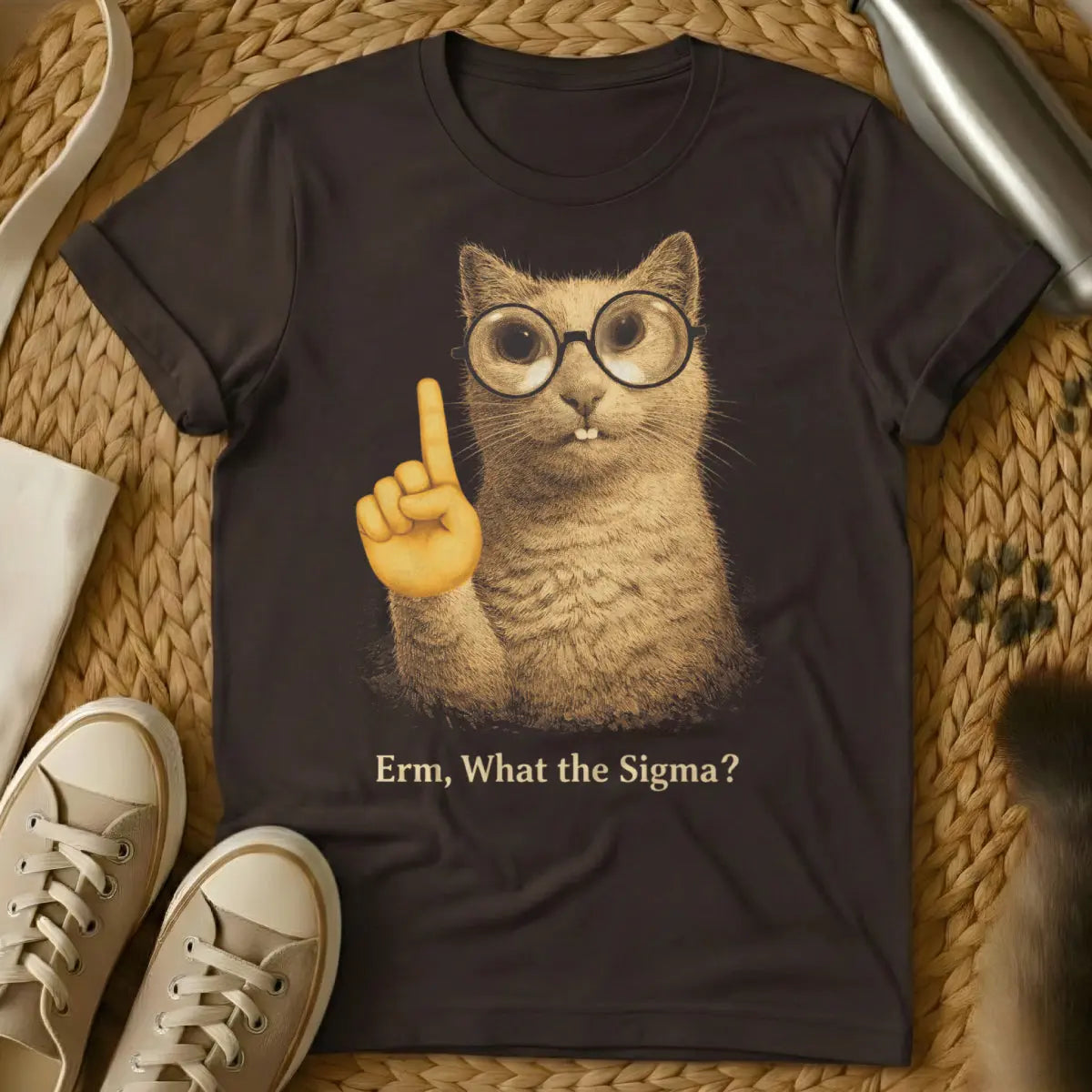 Erm What the Sigma Cat Shirt - Dark Chocolate T-Shirt - aloof pet humor, dank meme subculture, gen z meme core