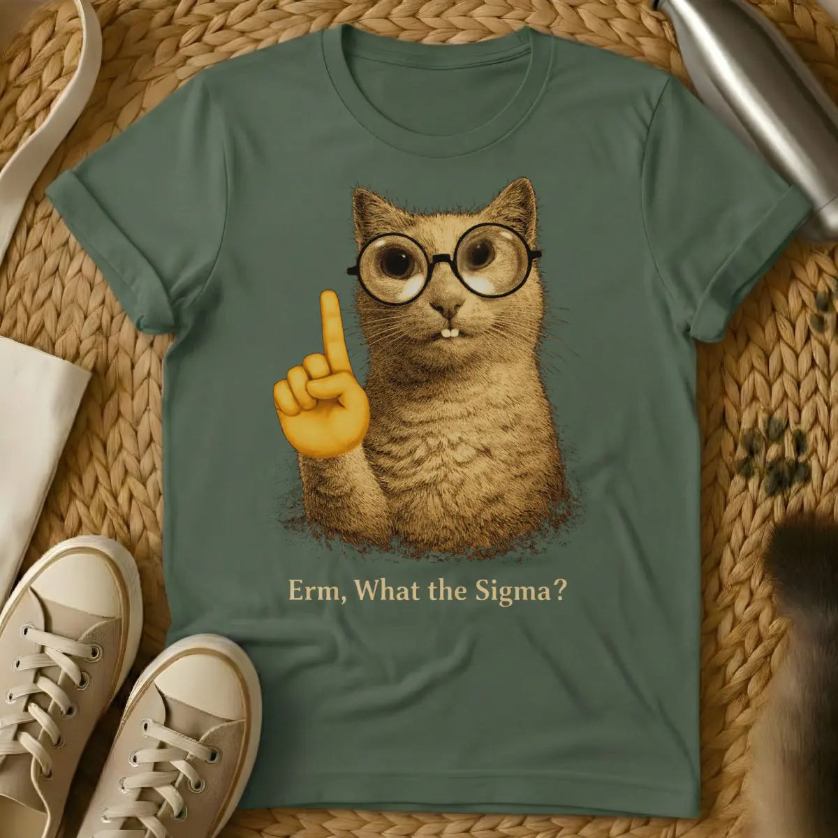 Erm What the Sigma Cat Shirt - Military Green T-Shirt - aloof pet humor, dank meme subculture, gen z meme core