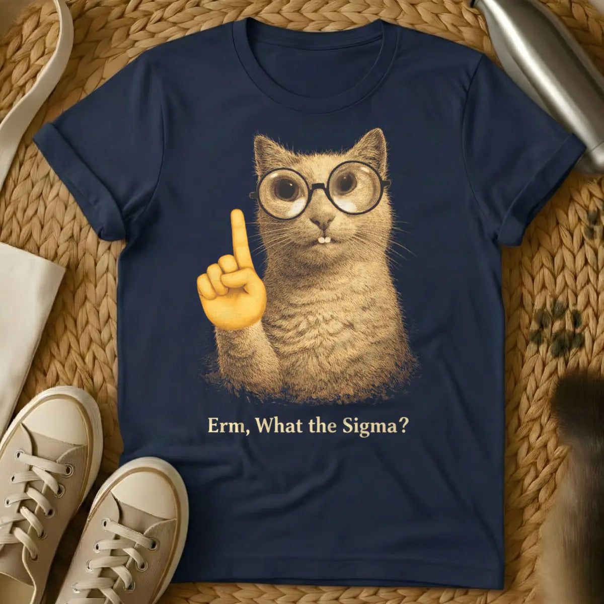 Erm What the Sigma Cat Shirt - Navy T-Shirt - aloof pet humor, dank meme subculture, gen z meme core