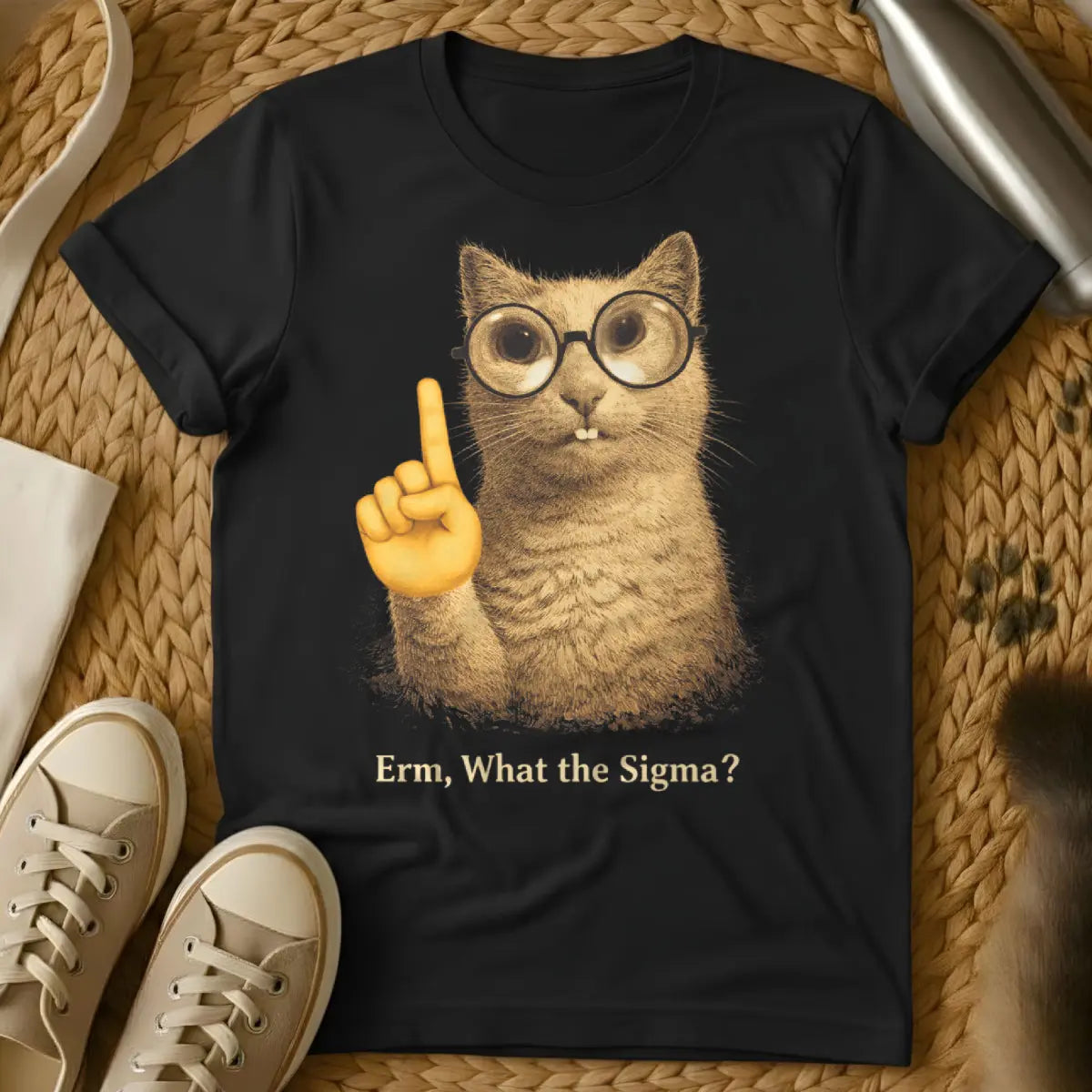 Erm What the Sigma Cat Shirt - Black T-Shirt - aloof pet humor, dank meme subculture, gen z meme core