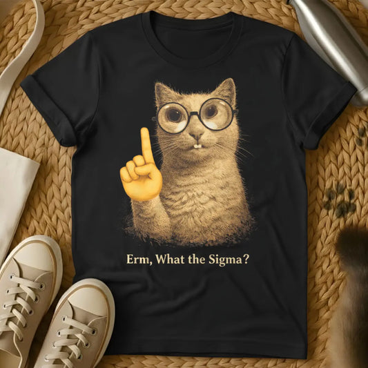 Erm What the Sigma Cat Shirt - Black T-Shirt - aloof pet humor, dank meme subculture, gen z meme core