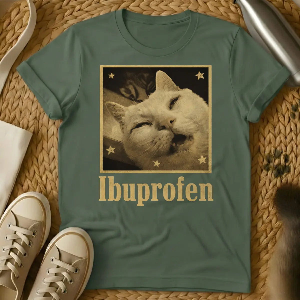 Ibuprofen Cat Tee - Military Green Cat T-Shirt