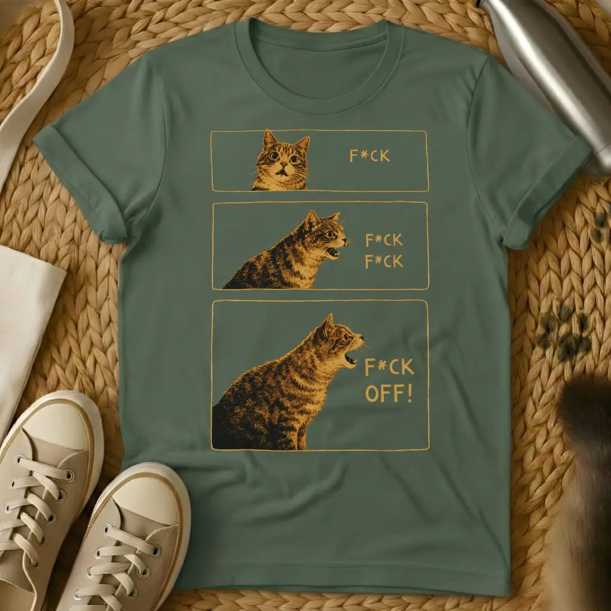 Sarcastic Comic Strip Cat Shirt - Military Green Cat T-Shirt
