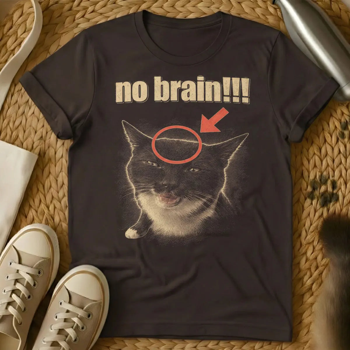 No Brain Cat Shirt - Dark Chocolate Cat T-Shirt