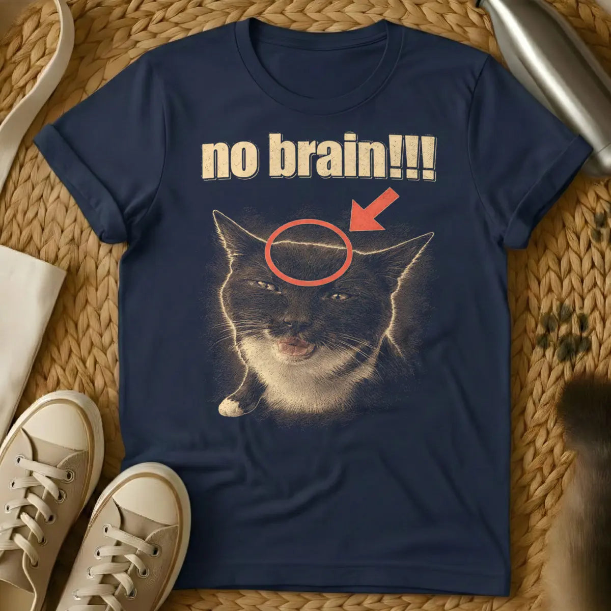No Brain Cat Shirt - Navy Cat T-Shirt