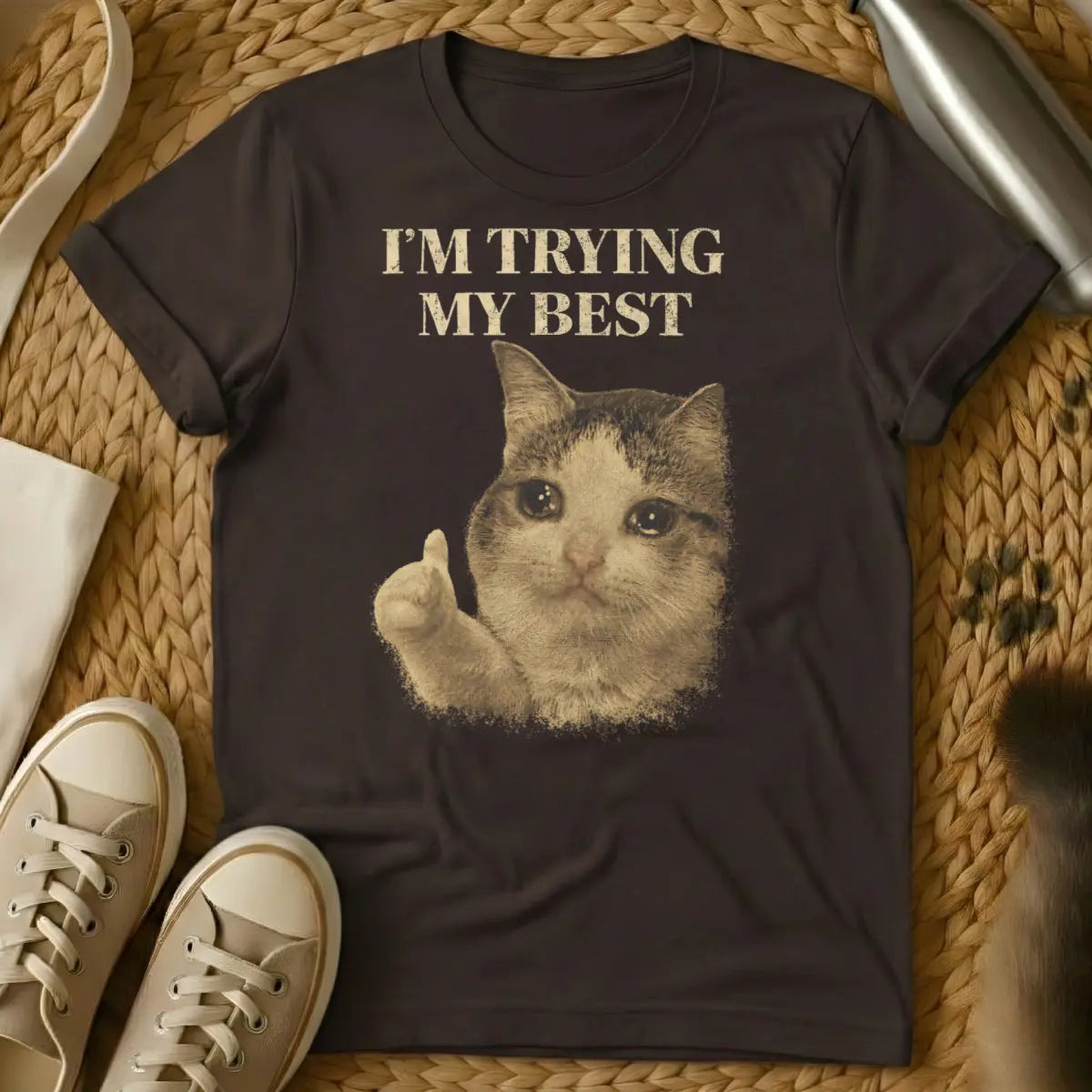 Retro Crying Feline Graphic - Dark Chocolate Cat T-Shirt