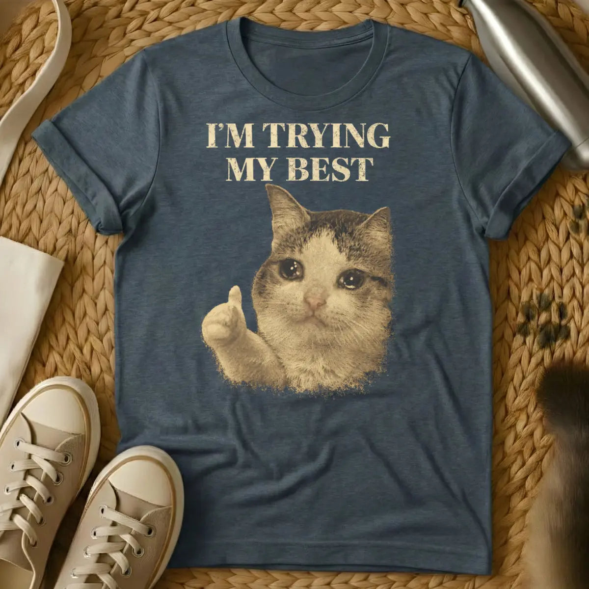 Retro Crying Feline Graphic - Dark Heather Cat T-Shirt