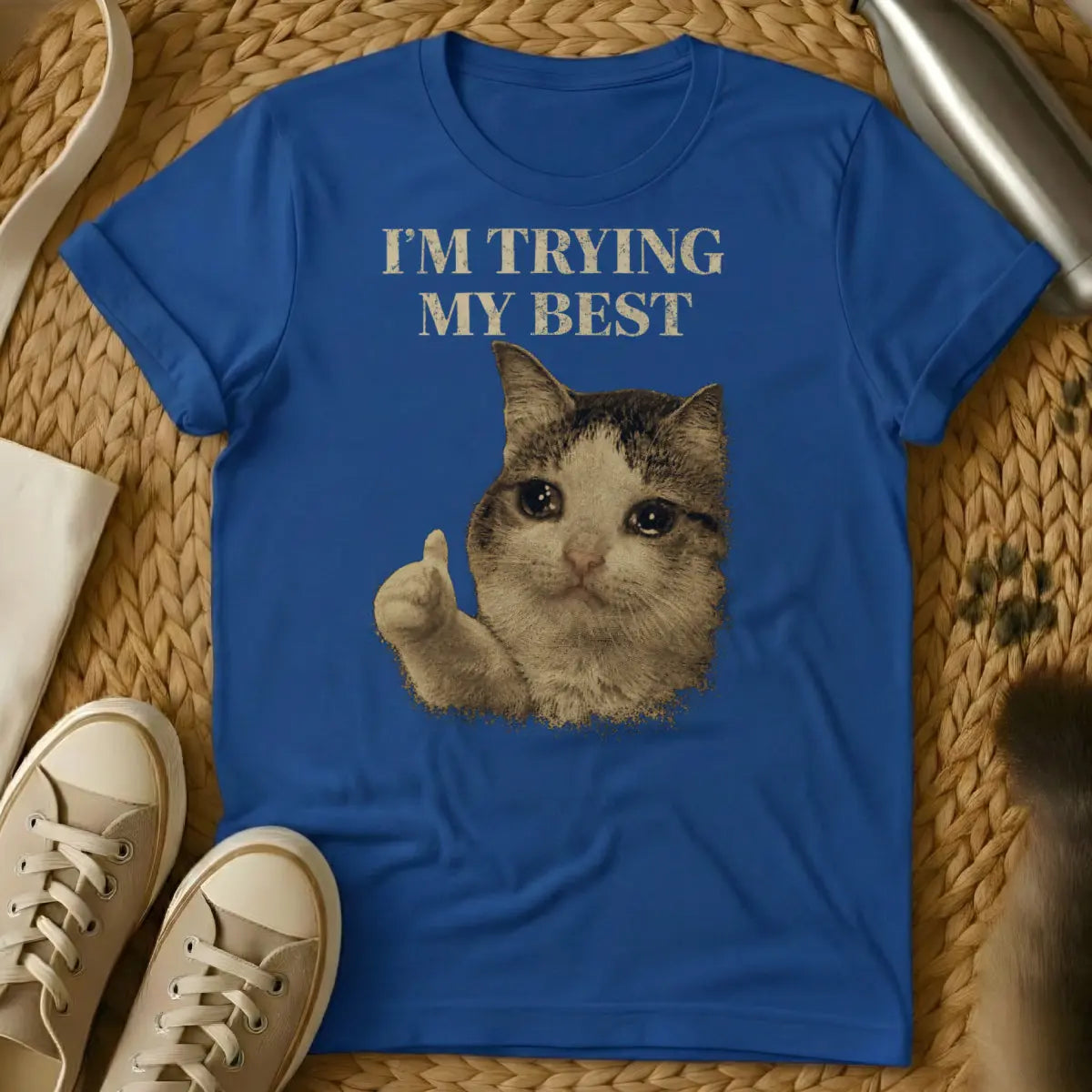 Retro Crying Feline Graphic - Blue Cat T-Shirt