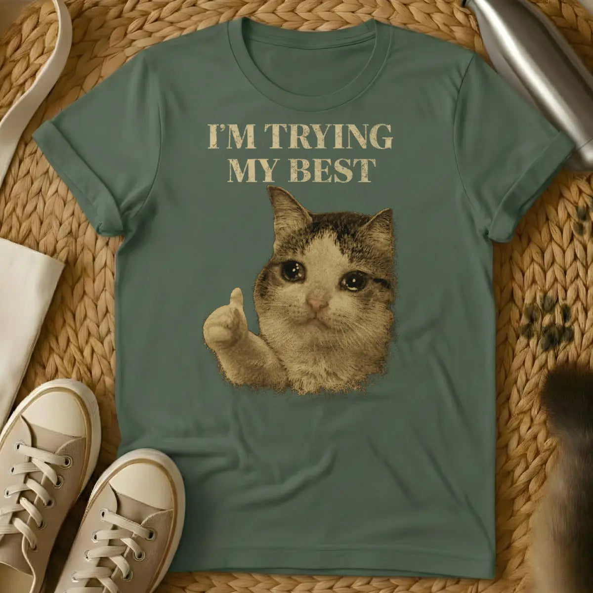 Retro Crying Feline Graphic - Military Green Cat T-Shirt
