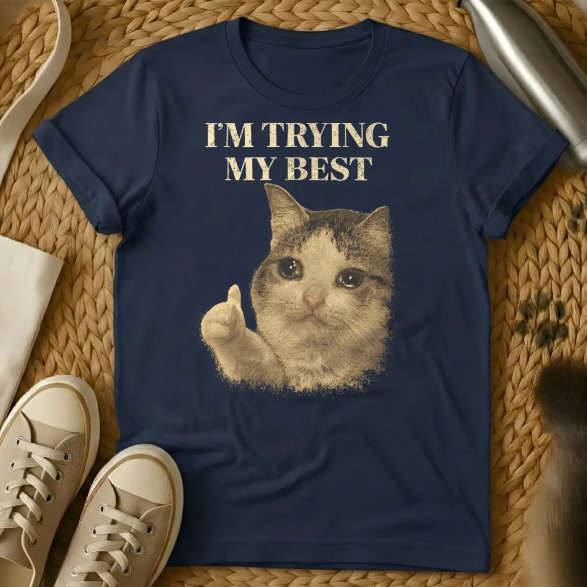 Retro Crying Feline Graphic - Navy Cat T-Shirt