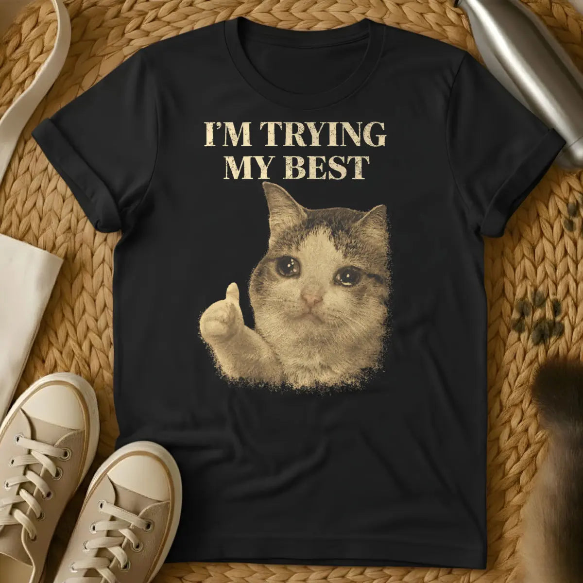 Retro Crying Feline Graphic - Black Cat T-Shirt
