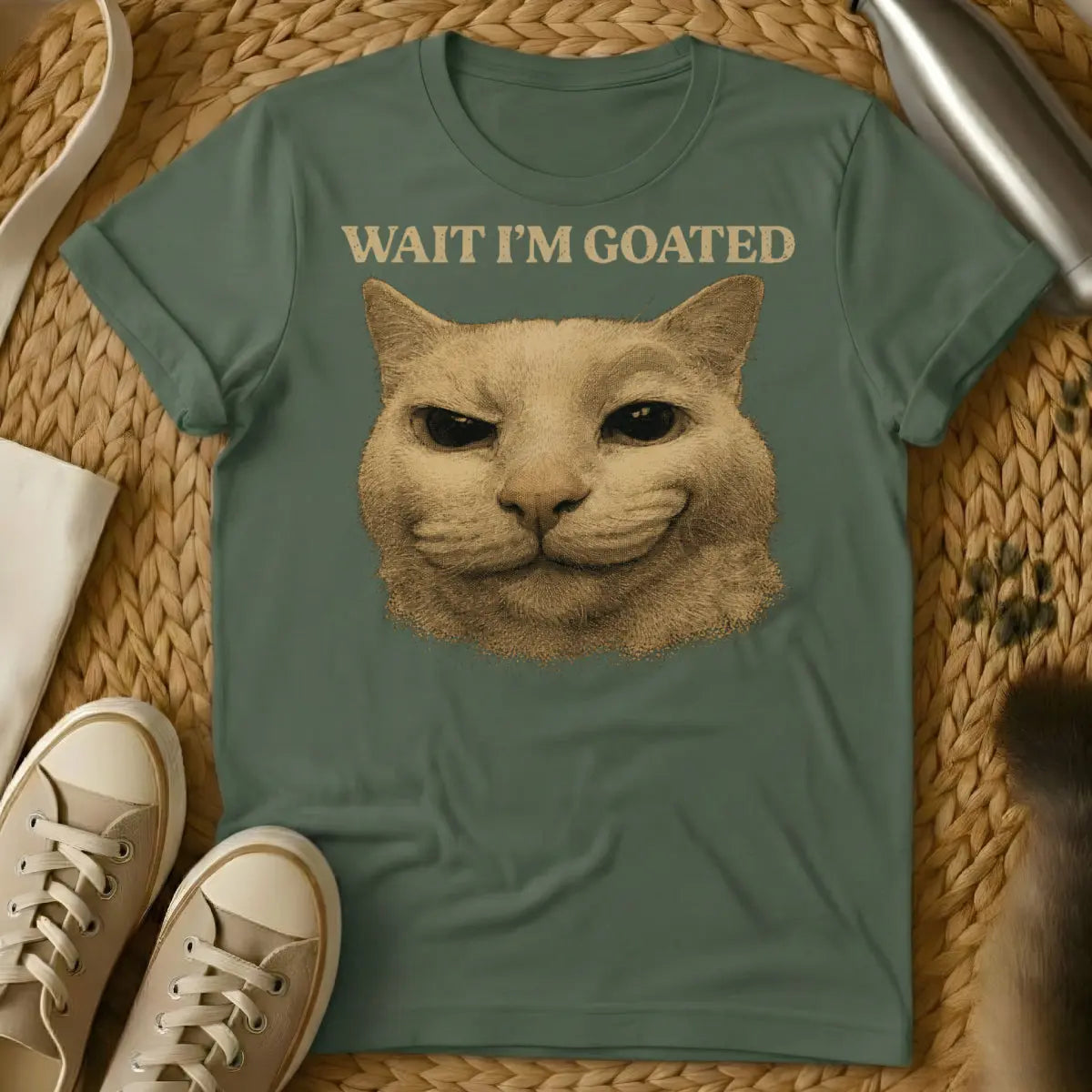 Wait I'm Goated Cat Shirt - Military Green Cat T-Shirt