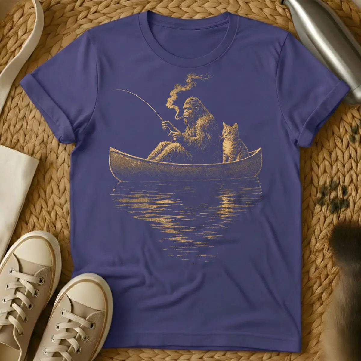Bigfoot and Cat Fishing Shirt - Purple T-Shirt - cryptid fishing, mythical creature parody, outdoors cryptid art
