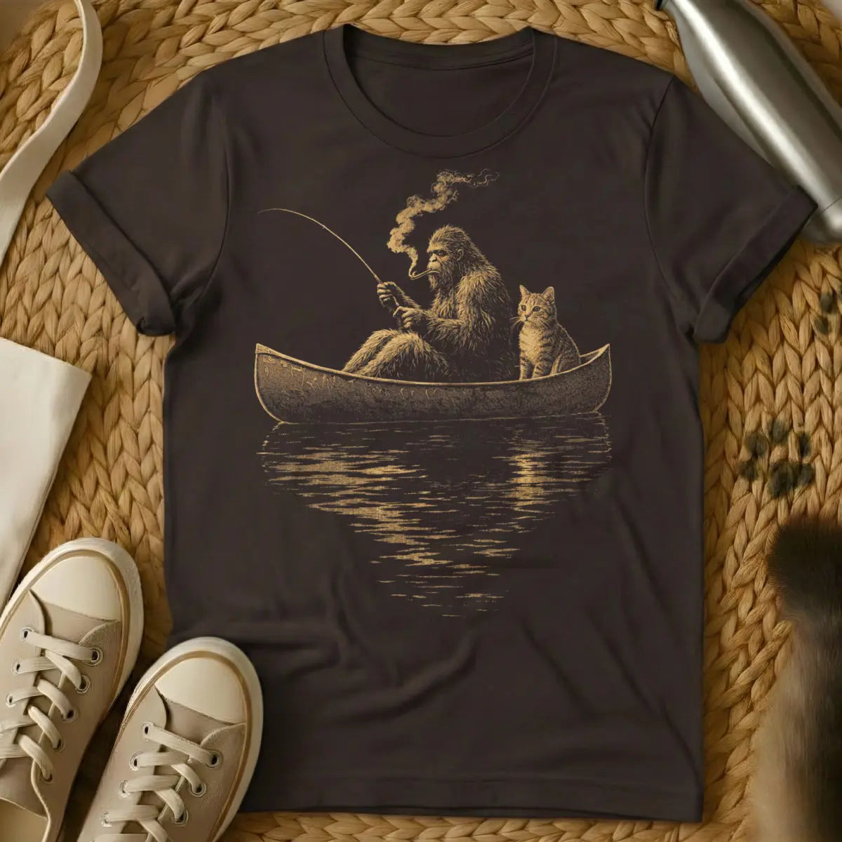 Bigfoot and Cat Fishing Shirt - Dark Chocolate T-Shirt - cryptid fishing, mythical creature parody, outdoors cryptid art