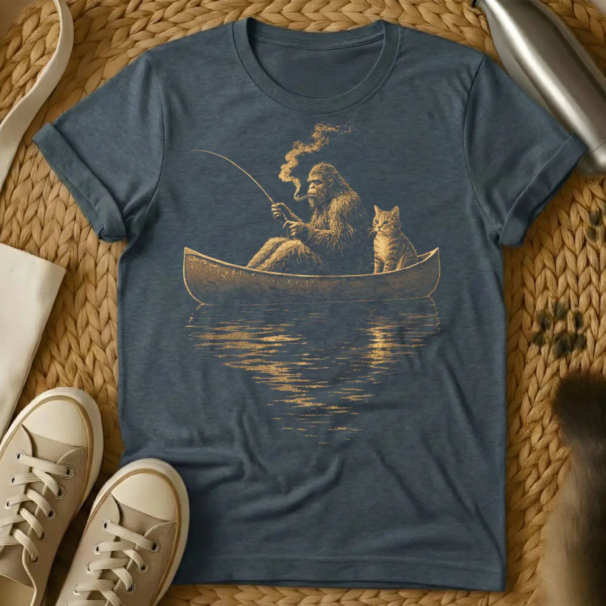 Bigfoot and Cat Fishing Shirt - Dark Heather T-Shirt - cryptid fishing, mythical creature parody, outdoors cryptid art