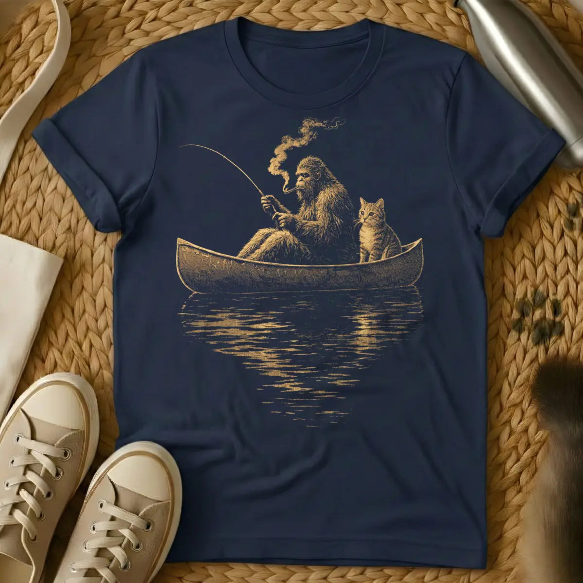 Bigfoot and Cat Fishing Shirt - Navy T-Shirt - cryptid fishing, mythical creature parody, outdoors cryptid art