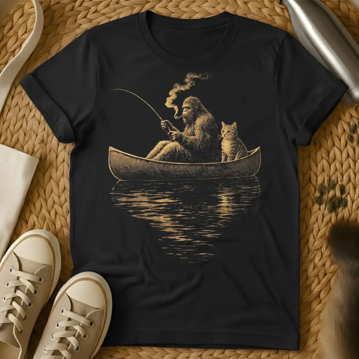 Bigfoot and Cat Fishing Shirt - Black T-Shirt - cryptid fishing, mythical creature parody, outdoors cryptid art