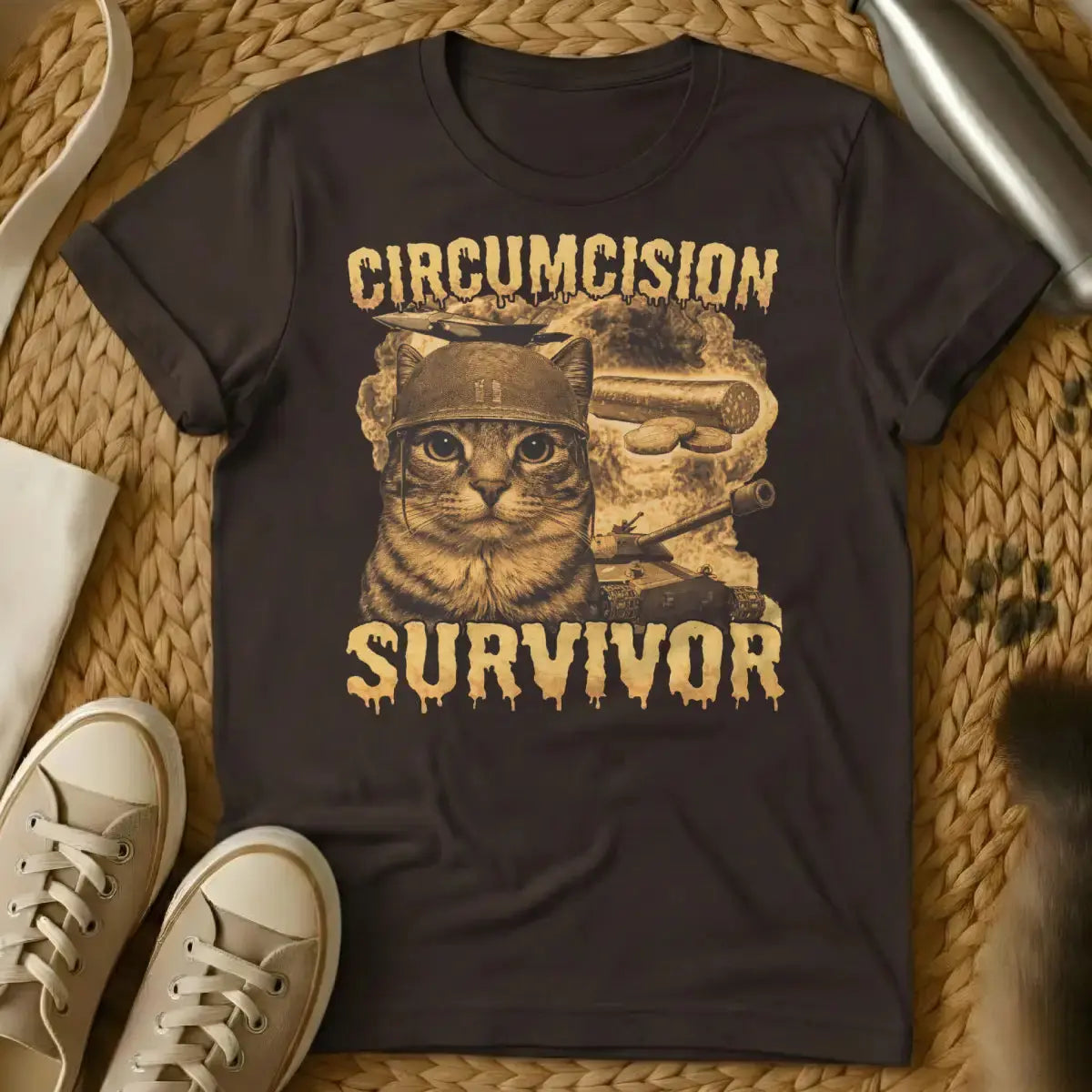 Circumcision Survivor Cat Shirt - Dark Chocolate T-Shirt - feline grudge holder, grumpy feline humor, neutering recovery gag