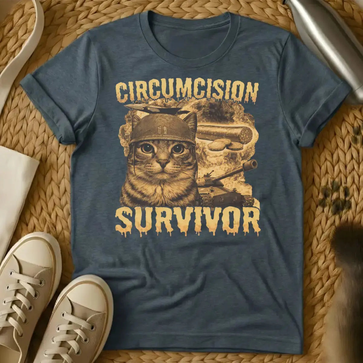 Circumcision Survivor Cat Shirt - Dark Heather T-Shirt - feline grudge holder, grumpy feline humor, neutering recovery gag
