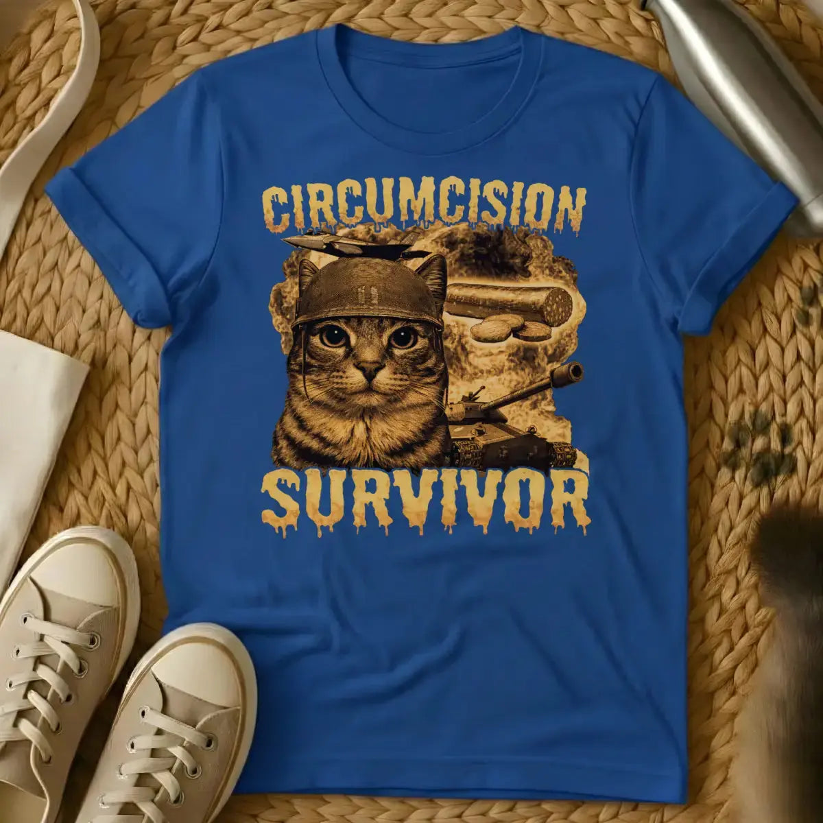 Circumcision Survivor Cat Shirt - Blue T-Shirt - feline grudge holder, grumpy feline humor, neutering recovery gag