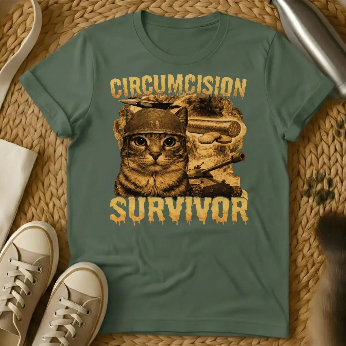 Circumcision Survivor Cat Shirt - Military Green T-Shirt - feline grudge holder, grumpy feline humor, neutering recovery gag