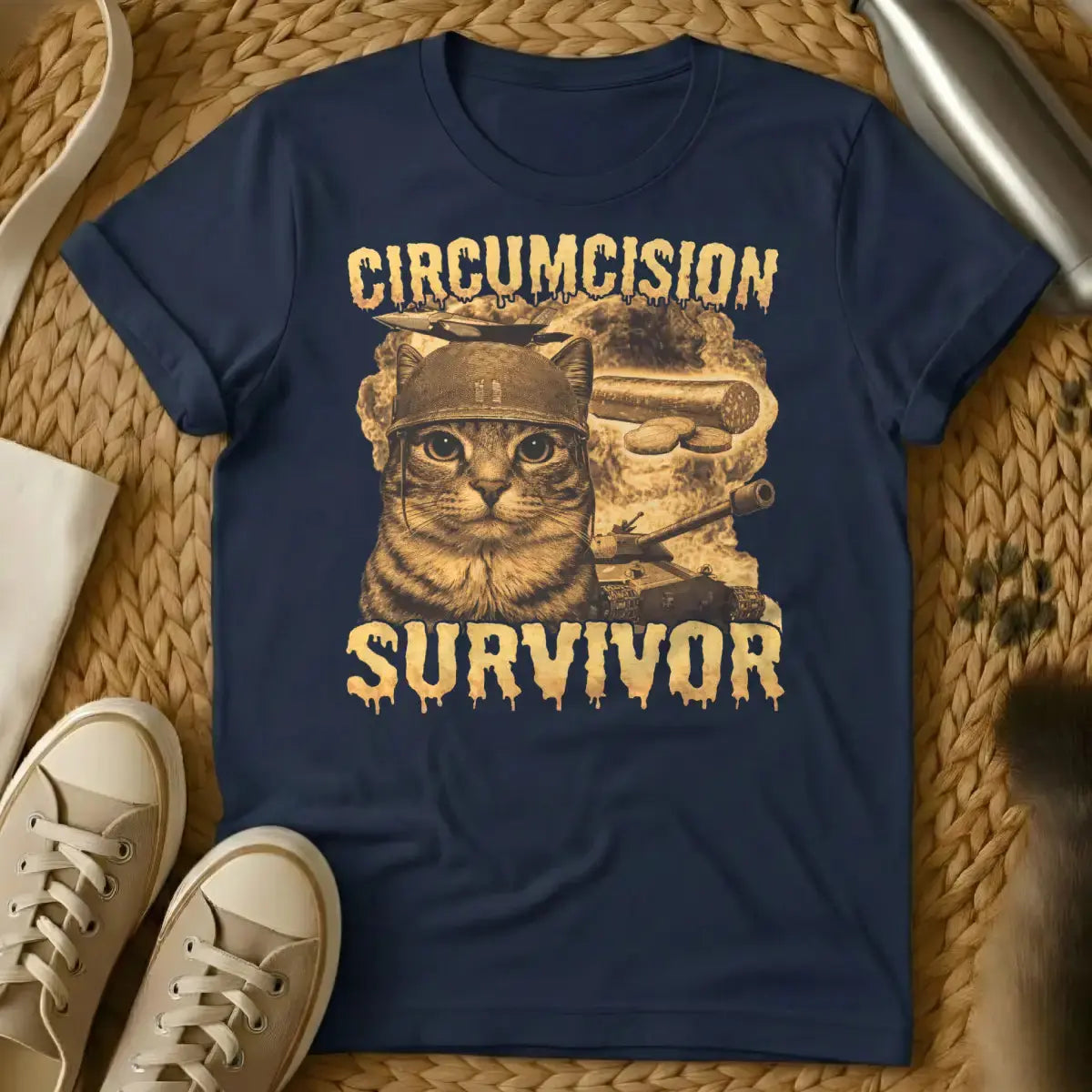 Circumcision Survivor Cat Shirt - Navy T-Shirt - feline grudge holder, grumpy feline humor, neutering recovery gag