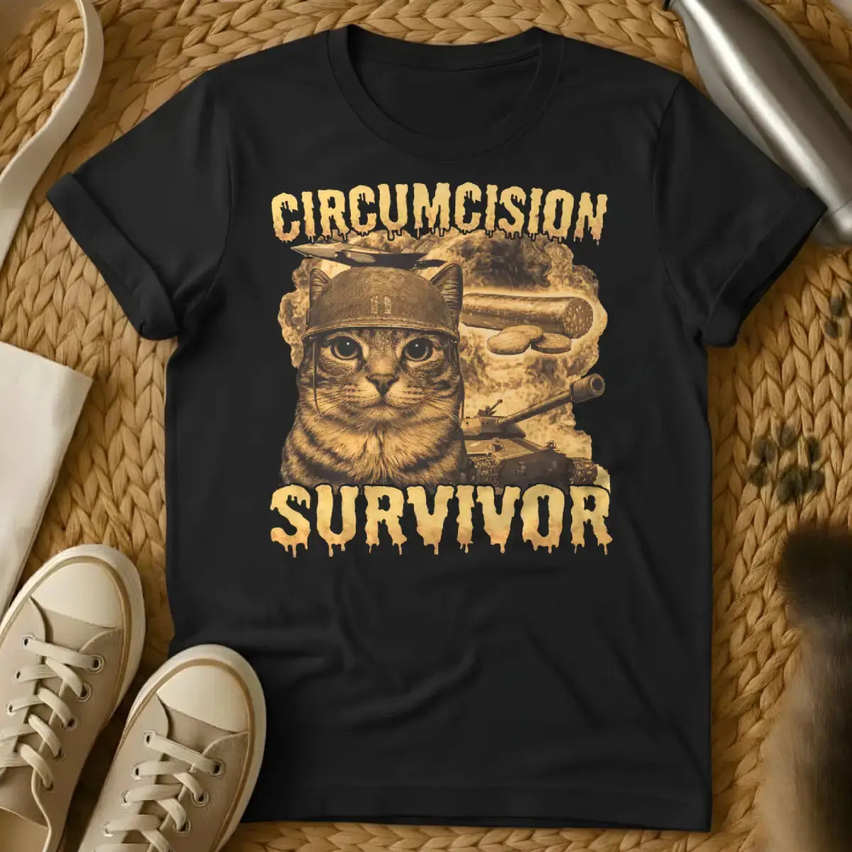 Circumcision Survivor Cat Shirt - Black T-Shirt - feline grudge holder, grumpy feline humor, neutering recovery gag