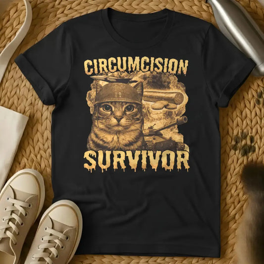 Circumcision Survivor Cat Shirt - Black T-Shirt - feline grudge holder, grumpy feline humor, neutering recovery gag